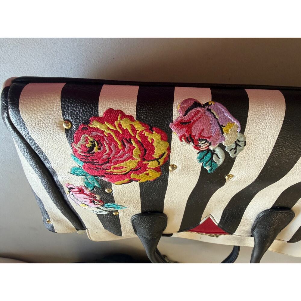 Black & White Stripped, Floral Patches, Betsey Johnson Tote Bag, Handbag & Purse - Picture 5 of 12